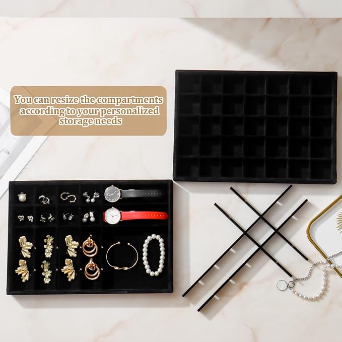 Large Jewelry Organizer for Drawer Insert Velvet Stackable Jewelry Trays for Earring Necklace Bracelet Ring Display (Black, 35 Grids)