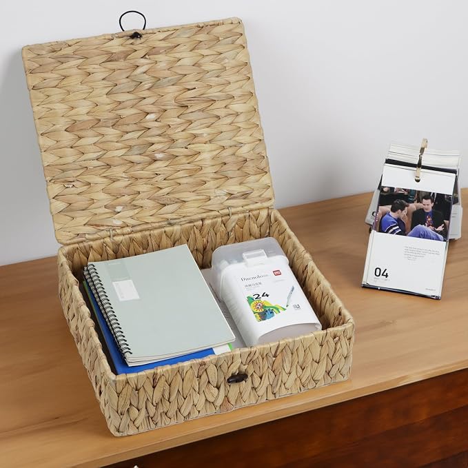 Water Hyacinth Basket with Lid, Rectangular Wicker Storage Basket Bins with Lid, Decorative Woven Basket Boxes for Storage Home Organizer