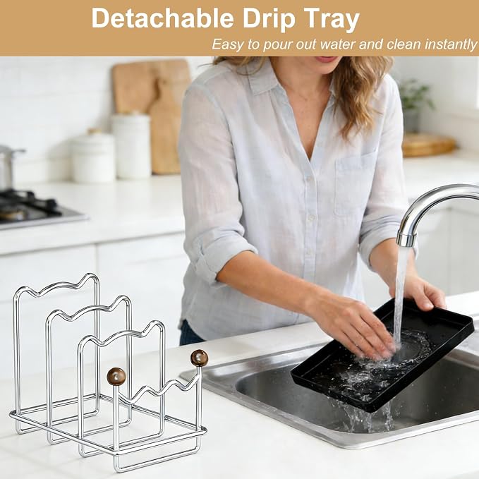 Pot Lid Organizer Cutting Board Holder with Removable Tray -Black | 3-Slot Kitchen Pot Lid Storage Rack Chopping Board Holder for Countertop, 8.2 x 5.1 x 7.2 in