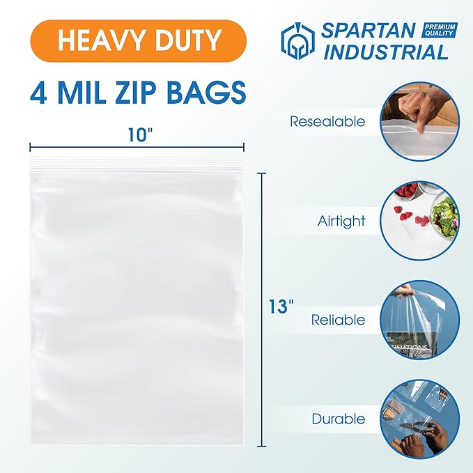 Spartan Industrial - 10” X 13” (250 Count) 4 Mil Thick Bulk Clear Reclosable Zip Plastic Poly Bags with Resealable Lock Seal Zipper - Heavy Duty and Durable