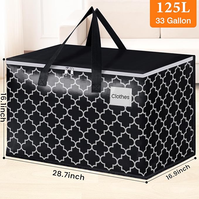 HomeHacks Heavy Duty Moving Bags with Tag Pockets, Collapsible Storage Totes for Moving, Camping & Travel -Foldable Packing Boxes, Zipper Handles, Black（8 Packs, 125L）