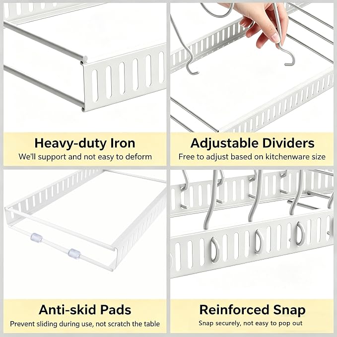 Expandable Pot and Pan Organizer for Cabinet, 14 Adjustable Dividers, Versatile Pan Holder Storage Rack, Extends from 12'' to 23'', Fits Cabinets, Countertops, or Under Sink, White, Iron