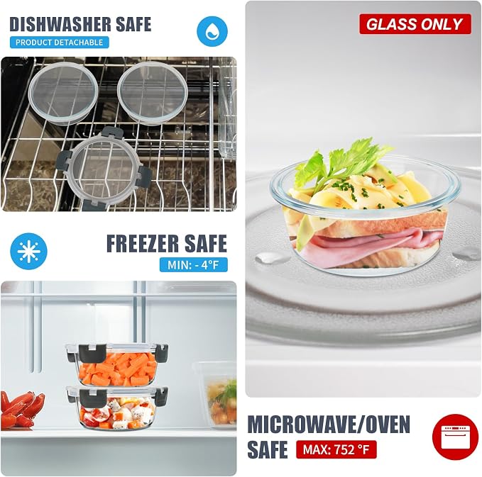 6 Pack 13oz Small Round Glass Meal Prep Containers with Airtight Lids | Perfect for Small Portions, Glass Food Storage Containers with Snap Lids, Freezer to Microwave Safe, Dishwasher Safe