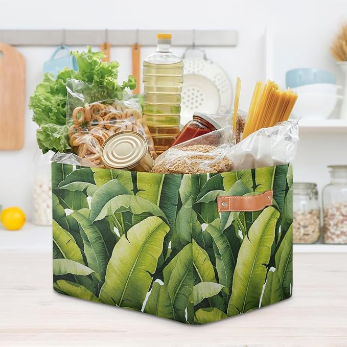 Cube Storage Bins for Shelves, Banana Leaf Collapsible Fabric Toys Storage Basket Box with Handles for Home Office Bedroom Closet