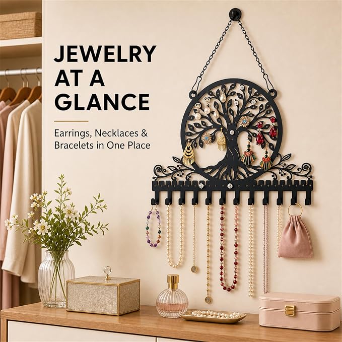 Personalized Tree of Life Wall Mounted Jewelry Organizer Metal Earring Holder Necklace Display Rack Decorative Jewelry Storage Hanger Space Saving Wall Decor for Bedroom Vanity Room Gift for Women