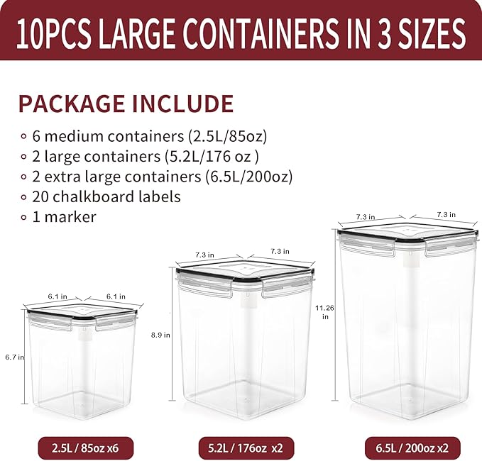 PRAKI Large Airtight Food Storage Containers with Lids, 10PCS Plastic Cereal Storage Containers, Kitchen & Pantry Organizers and Storage for Sugar, Flour, Baking Supplies with Lables & Mark