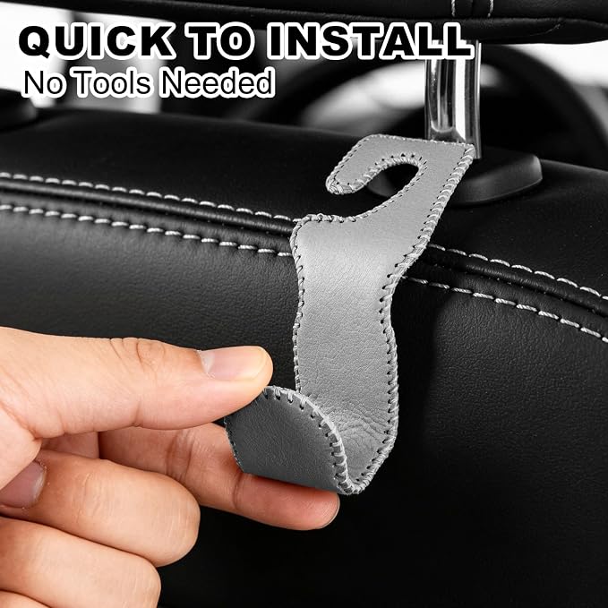 EldHus Car Seat Hooks for Purses and Bags, 4 Pack Car Purse Holder for Grocery Bag Handbag Clothes, Metal Headrest Hooks Covered by Leather, Gray
