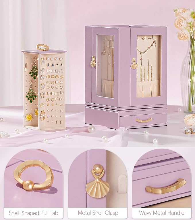 Enthralite Luxury Jewelry Box for Women: 360° Rotating with Clear Window | Compact Jewelry Storage with Drawer - Necklace Ring Organizer with Compartments - Elegant Earring Holder Display Great Gift