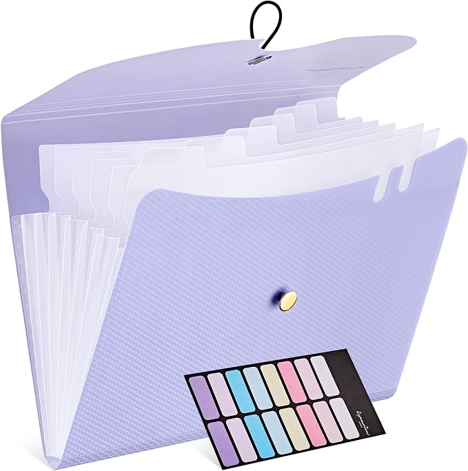JARLINK 7 Pockets Expanding File Folder, A4 Accordion folders, Purple | Accordion File Folders with 12 Labels, Portable Document Organizer for Home, College, School, and Office Supplies