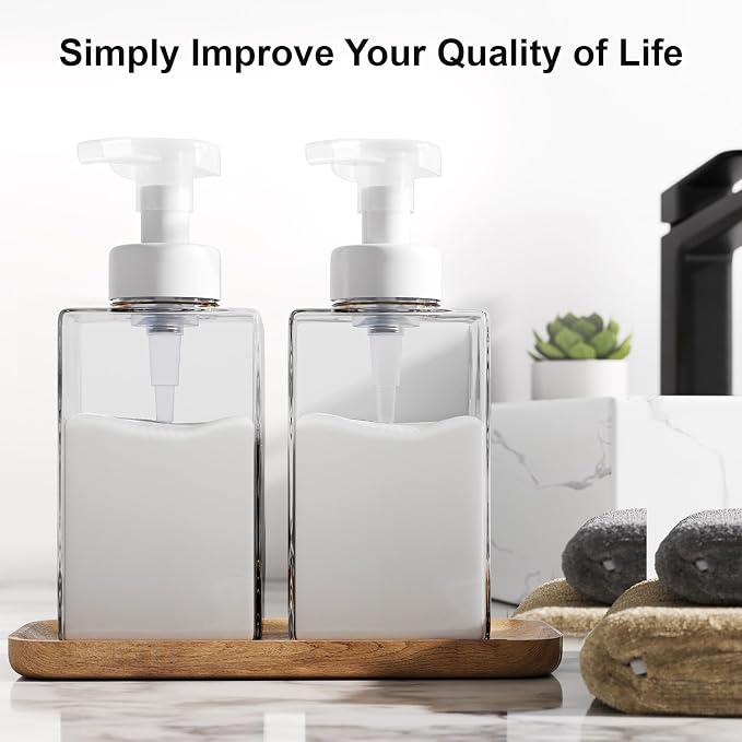 Kzeirm Foaming Soap Dispenser for Bathroom & Kitchen 15 Oz, Refillable Foam Hand Soap Dispenser for Liquid Soap, 2Pcs Foam Pump Bottle with Waterproof Labels, Clear