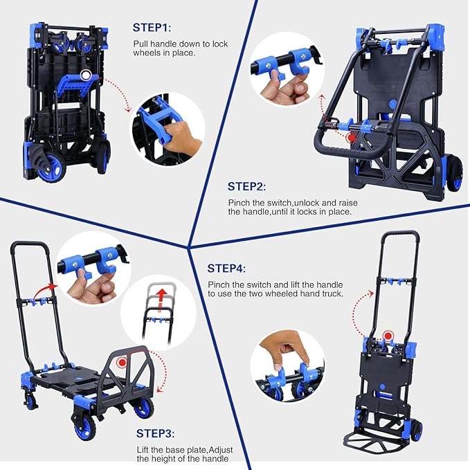 2 in 1 Hand Truck Dolly Foldable with Basket,Hand Truck Foldable with Retractable Handle,330LBS Capacity Folding Hand Cart,Portable Dolly Cart with Wheels for Moving