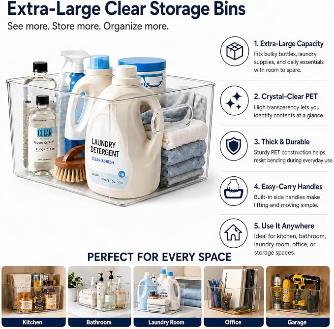 MOONEDGE 6 Pack X-Large Clear Organizer Bins 13x10x8in Storage Containers | Clear Containers for Organizing, Fridge Organizers and Storage, Freezer, Refrigerator, Office Supplies, Craft Room, Laundry