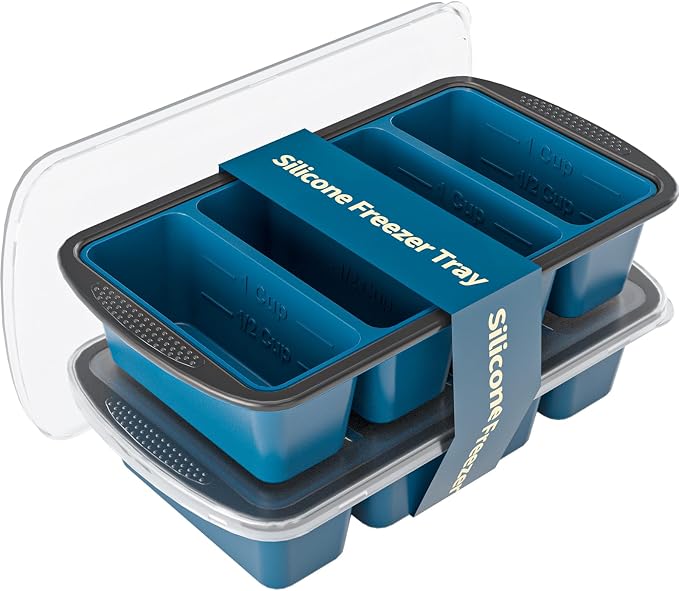 GORCI Silicone Freezer Tray With Lid, 8 Large 1 Cup Soup Freezer Molds, Soup Freezer Container for Meal Prepping, Large Ice Cube Tray， Perfect for Storing Leftovers, Sauces, Lasagna, 2-Pack