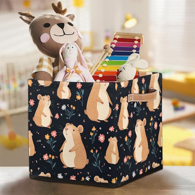 TropicalLife Flower Floral Capybara Storage Cube, 13 Inch Fabric Cube Storage Organizer Bin for Shelves Clothes, Decorative Foldable Storage Boxes