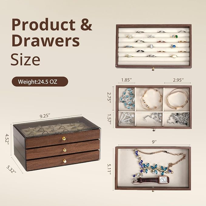 CLUQMEIK 3-layer Wooden Drawer Jewelry Organizers and Storage Box with Grey Acrylic Lid and Velvet Lining, Jewelry Box for Women and Girls to Store Rings Earrings Bracelets Necklaces