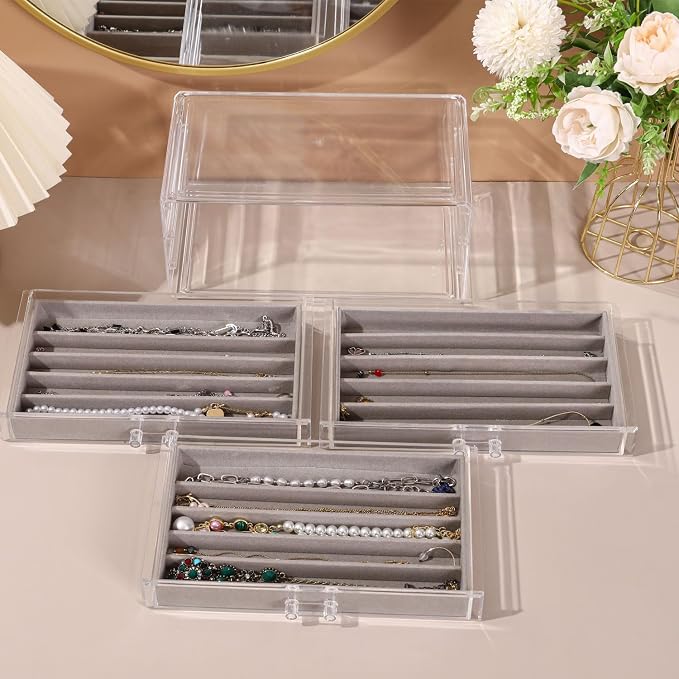 CLUQMEIK Necklace Organizer Box, Tray with Clear Lid, Dustproof Velvet Necklaces Holder Storage Display Case, Necklace Tray Drawer Insert for Pendant Suitable for Women and Girls (Grey)