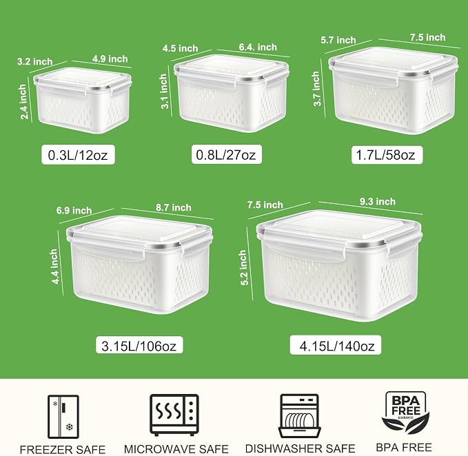 5 Pack Fruit Storage Containers for Fridge with Removable Colander, Produce Containers BPA-free Fridge Organizer to Keep Berry Lettuce Vegetable Fresh, Dishwasher & Microwave Safe