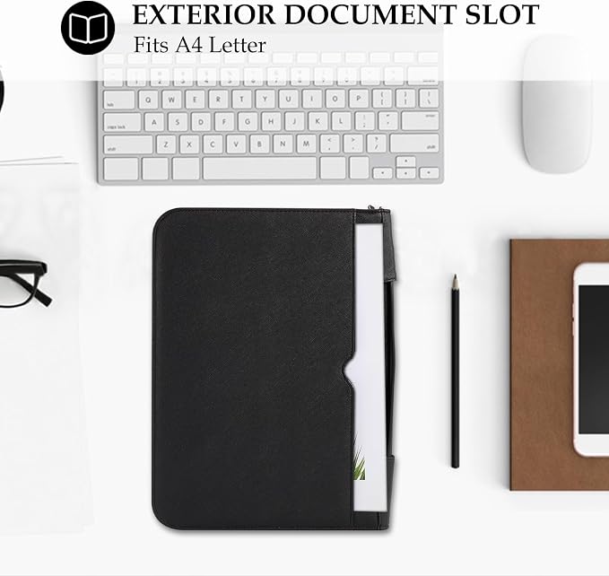 ProCase Portfolio Business Padfolio Folder with Handle and Zipper -Allblack | Conference Meeting Executive File Legal Document Organizer with Pockets Letter Size A7 Writing Pad Notepad Padfolio