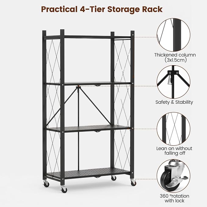 ALANNG 4 Tier Folding Storage Shelf on Wheels,Heavy Duty Metal Rolling Cart | 264 lbs Capacity, No Tools Assembly, Folds to 3.9", Lockable Casters, Portable for Kitchen Laundry Garage