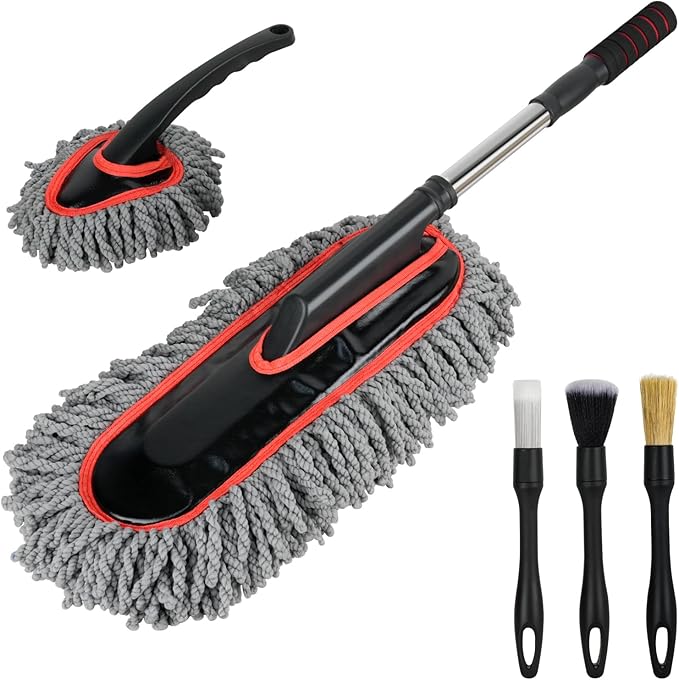 Car Duster Exterior Scratch Free,Microfiber Car Duster with Extendable Handle, with 3PCS Detailing Brush, Exterior Interior Multipurpose for SUV,Truck,RV