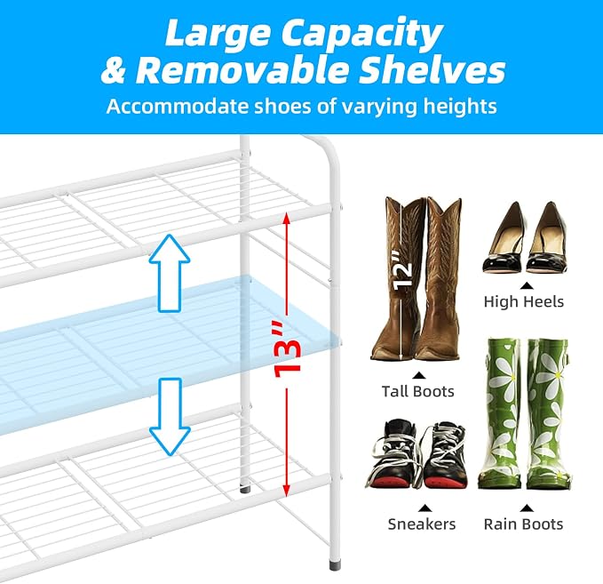 3 Tier Shoe Rack for Closet, 44 Inch Extra Long Shoe Storage Organizer for Shelves, Heavy Duty Metal, Easy Assembly, White