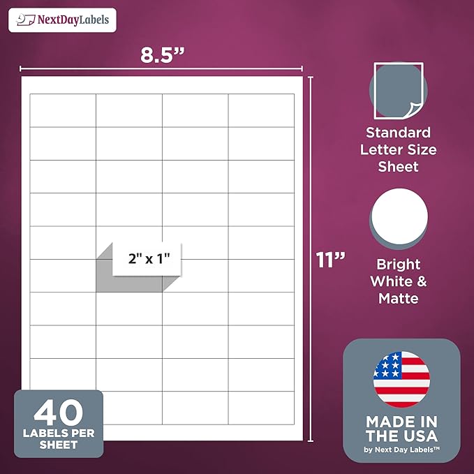 NextDayLabels 2x1 Inch Rectangle Stickers White Blank Labels for Laser Inkjet Printer - 40 Per Sheet Self-Adhesive Address Mailing Name Tags Made in USA - 4000 Labels
