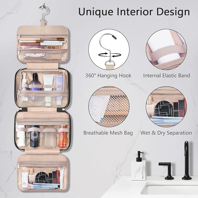 Wedama Toiletry Bag for Women, Hanging Travel Toiletry Bag with Jewelry Organizer Compartment Large Makeup Bag, PVC Waterproof Cosmetic Travel Bag for Travel Business Trips Camping Bathroom, Black