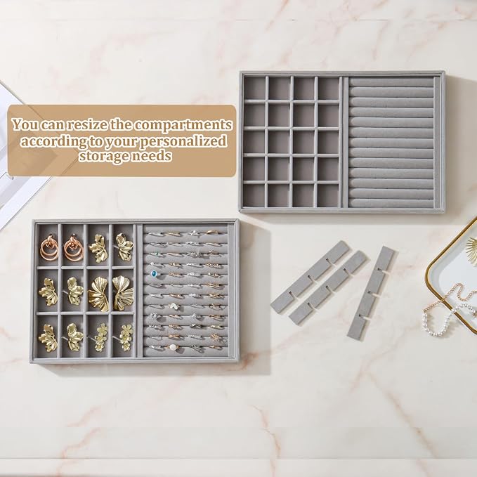 Large Jewelry Organizer for Drawer Insert Velvet Stackable Jewelry Trays for Earring Necklace Bracelet Ring Display (Gray, Ring and 24 Grids)