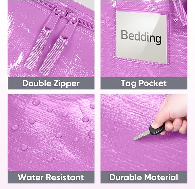 TICONN 4 Pack Extra Large Moving Bags Heavy Duty with Zippers & Carrying Handles, Durable Storage Bags Moving Boxes for Closet Organizers and Storage (4 Pack, Pink)