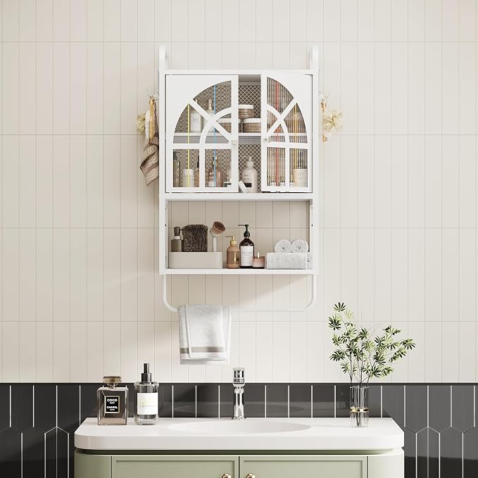 Metal Bathroom Arched Wall Cabinet, Hanging Over Toilet Medicine Storage | Small Modern Wall-Mounted Medicine Storage Cabinet with 2 Doors, Removable Shelf, Towel Bar, 9 x 16.8 x 28.7 Inches, white