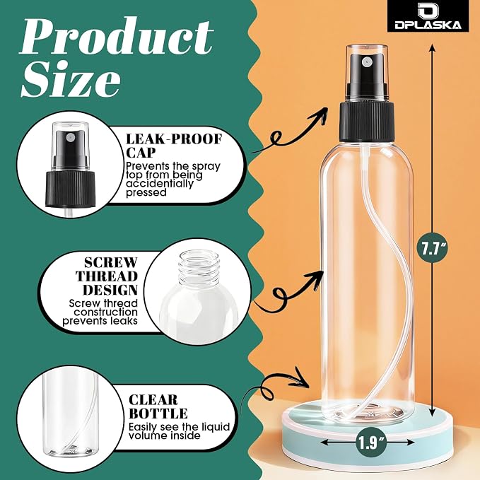 12 Packs 8 oz Clear Plastic Spray Bottles, Black Fine Mist Sprayer | Refillable Empty Bottles with Cap, For Essential Oils, Perfumes, Travel, Cleaning Solutions, With Labels & Funnel