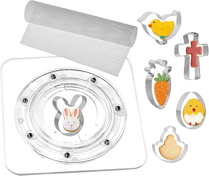 SANGLE SOPFFY 6.4-Inch Square Acrylic Cookie Turntable with Non-Slip Mat | Cake & Cupcake Decorating Rotary Stand (6.4 Inch + Easter Cookie Cutter)
