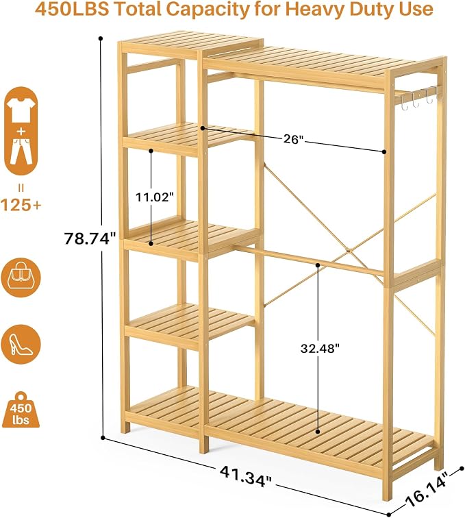 Homykic Bamboo Clothes Rack Garment Rack for Hanging Clothes, Heavy Duty Clothing Rack with 7 Tiers Adjustable Shelves, Double Rods, 4 Hooks, Freestanding Closet System Organizer Wardrobe, Natural