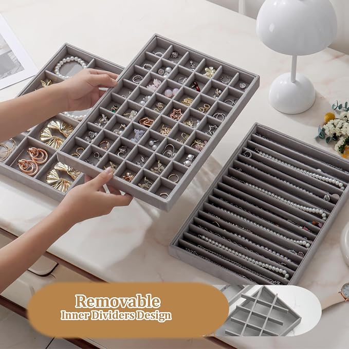 Large Jewelry Organizer for Drawer Insert Velvet Stackable Jewelry Trays for Earring Necklace Bracelet Ring Display (Gray, 48 Grids)