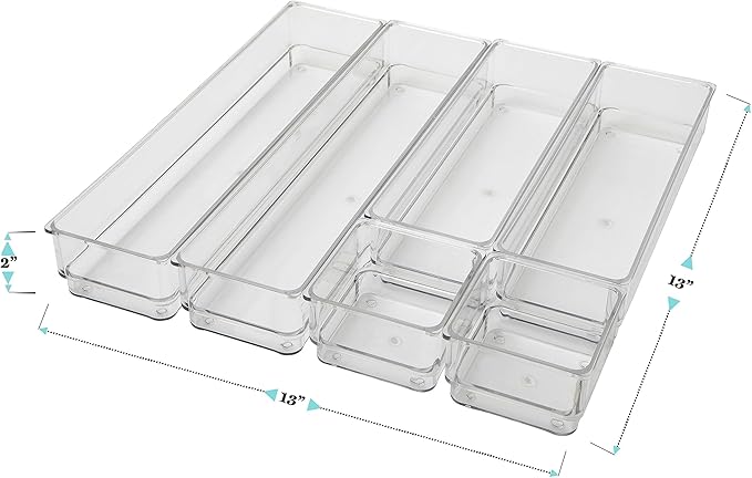 Martha Stewart Miles Plastic Stackable Office Desk Drawer Organizers, Set of 6, Clear