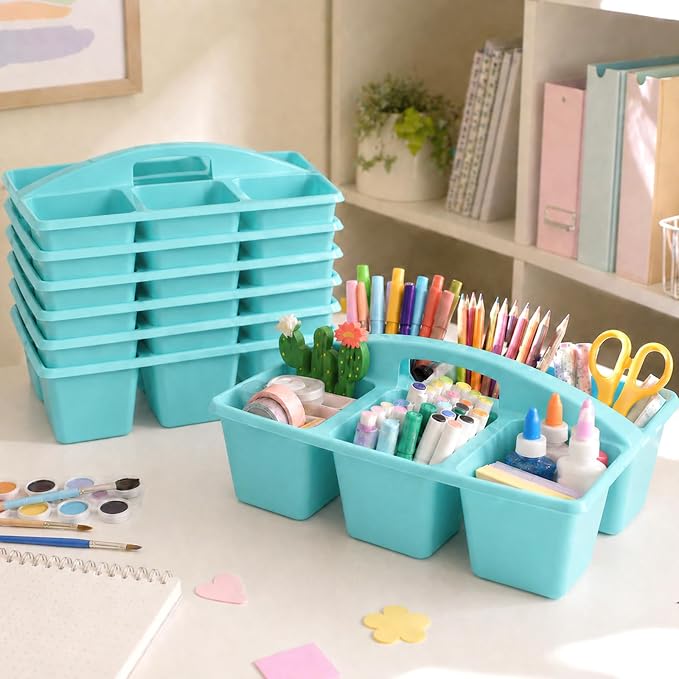 gisgfim 6 Pack Plastic Classroom Caddy with 6-Compartments Plastic Storage Caddies with Handle 6 Compartments Table Caddy Organizer Versatile Table Caddies for Classroom Office Storage, Lake Blue