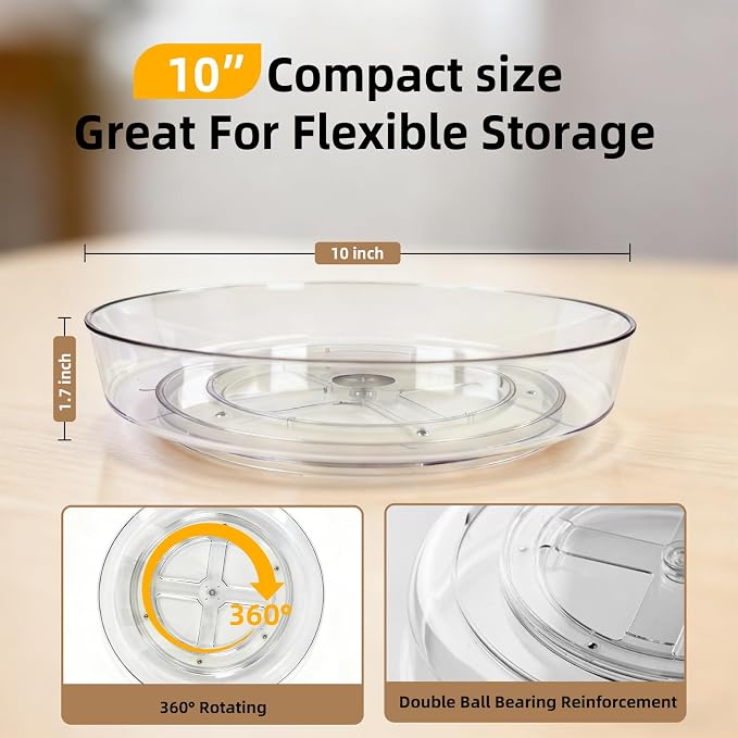 4 Pack Lazy Susan 10 inch Turntable for Spice Organization | Clear BPA-Free Plastic Rotating Organizer for Kitchen Cabinet, Pantry, Countertop, Fridge | 360-Degree Rotating Base