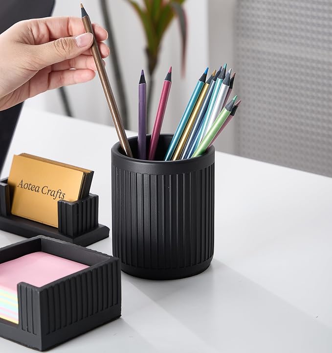 Aotea Crafts - Concrete Modern Industrial Pen Holder for Desk - Aesthetic Minimalist Charcoal Black Pencil Holder for Desk- Handcrafted Cement Fluted Pen Cup Organizer - Sealed & Durable
