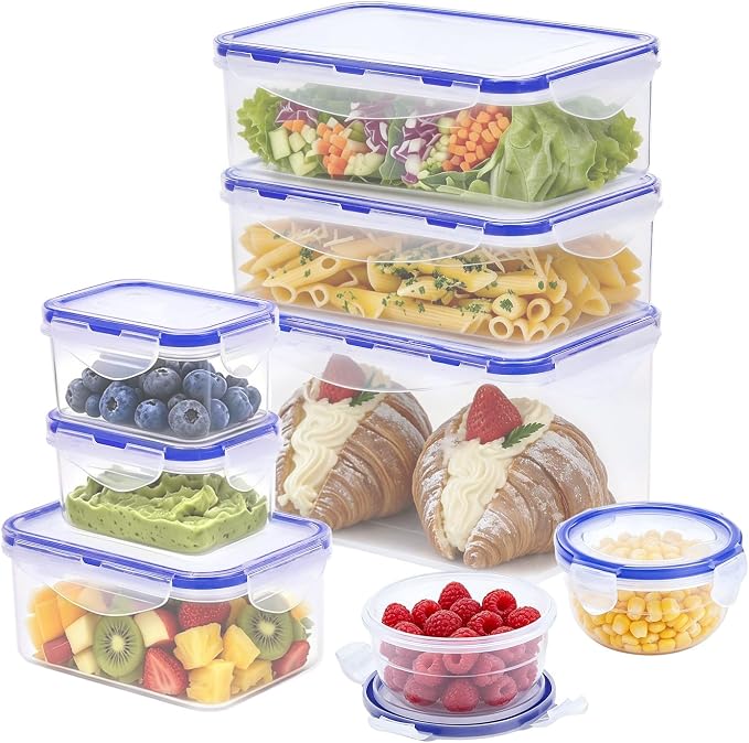KIGI Food Storage Containers, 4-Sided Locking Lids, Airtight & Stackable, Ideal for Meal Prep, Lunch & Leftovers, BPA-Free Plastic, Multi-Size Multi-Use Set, 16 Pieces