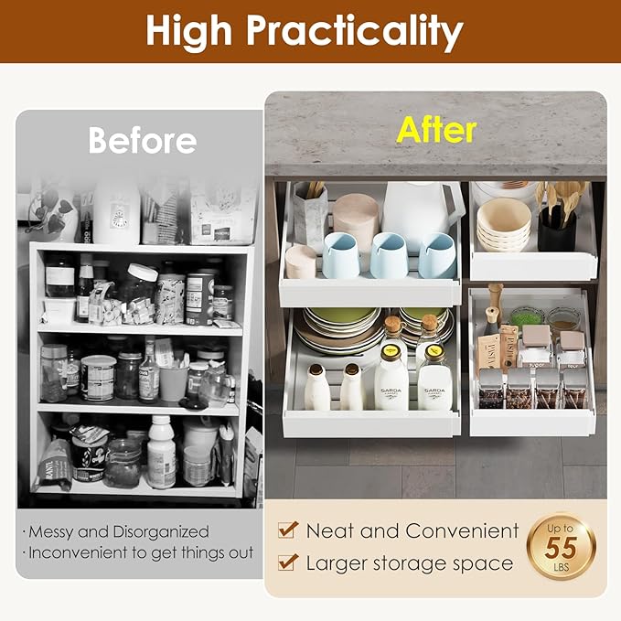 2 Pack Expandable Pull Out Cabinet Organizer 16.5" Deep, Adjustable Width 12.6"-20.5", No Drill Adhesive with Triple Track Rails, Heavy Duty Slide Out Drawers for Kitchen,Pantry,Cabinets,White