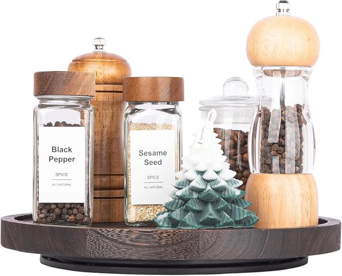 Wood Lazy Susan Turntable Kitchen Decor Round Table Tray, 10" Dark Brown | waterpoof, East clean, Non-slip, Pantry Table Decorative Tray for condiment, spice