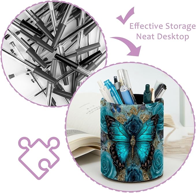 Navy Blue Butterfly Pen Holder Pencil Organizer for Desk, 3.1”x3.1”x3.9” Pencil Cup Office Supplies, Large Capacity Cute Pen and Makeup Brush Holder for School, Desktop
