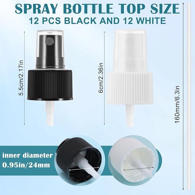 24 Pack Spray Bottle Top, Spray Bottle Nozzle Replacement, 24/410 Fine Mist Spray Caps with 5.9" Dip Tube, Plastic Sprayer Pump for Toners and Essential Oil Bottles, Home, Kitchen Black,White