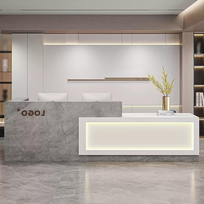 Modern Reception Desk with Counter, Front Desk Reception Counter with Lockable Drawer, Keyboard Tray & Storage Cabinet, Solid Wood Receptionist Table for Salon Office Lobby (H - Right, L 2m/78in)