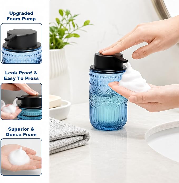 Refillable Foam Soap Dispenser Set of 2, Foaming Hand Soap Dispenser | Glass Foaming Soap Dispenser for Bathroom,Kitchen, Modern Home Decor 13.8 oz