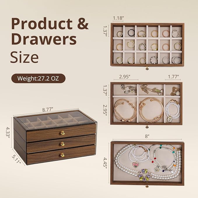 3 Layer Wooden Drawers Jewelry Box Vintage Style Jewelry Organizer with Acrylic Cover, Jewelry Storage Display Box for Ring Earrings Necklace Bracelet Box for Women and Girls(Walnut Color)(A)