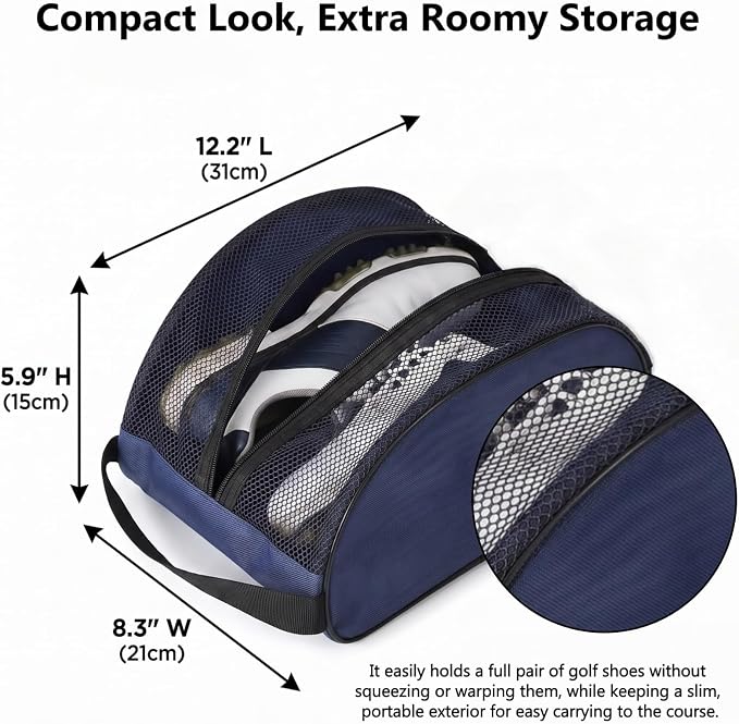 Golf Shoe Bag with Full Top Mesh Ventilation, Zippered Sports Shoe Carrier for Travel, Fits up to Size 13 Men Women (Navy)
