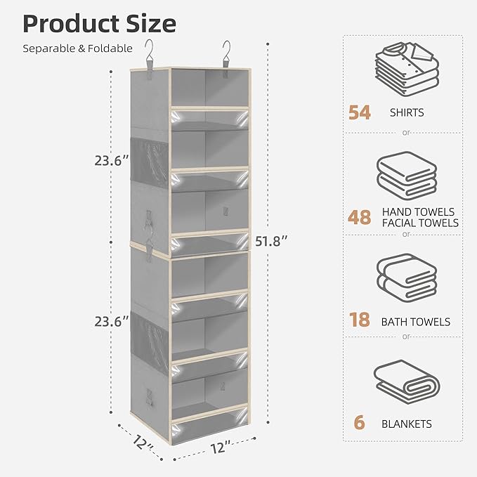 STORAGE MANIAC 6-Shelf Hanging Closet Organizer and Storage, 2 Separable 3-Shelf Haning Organizers for Closet, Collapsible Hanging Shelves Wardrobe Organization, College Dorm Room, Nursery, Gray