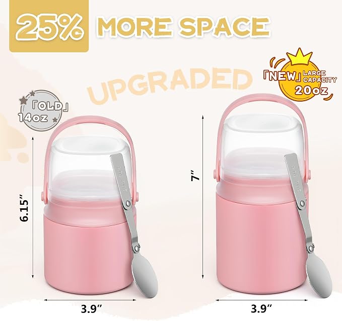20oz Soup Thermo for Hot Food with a Snack Box Container，Leak Proof Insulated Lunch Container Kids and Adults，Stainless Steel Double Wall Vacuum Wide-mouth Food Jar with Spoon and Handle（Pink）