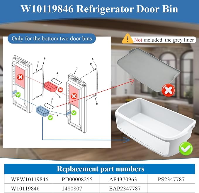 W10119846, WPW10119846 Door Shelf Bin Compatible with kitchenaid Basket-Door, Jenn-Air Refrigerator Door Bin, whirlpool door bin. Fit for KRFC302ESS00 JFC2290REP00 etc. Replacement 1480807, PS2347787
